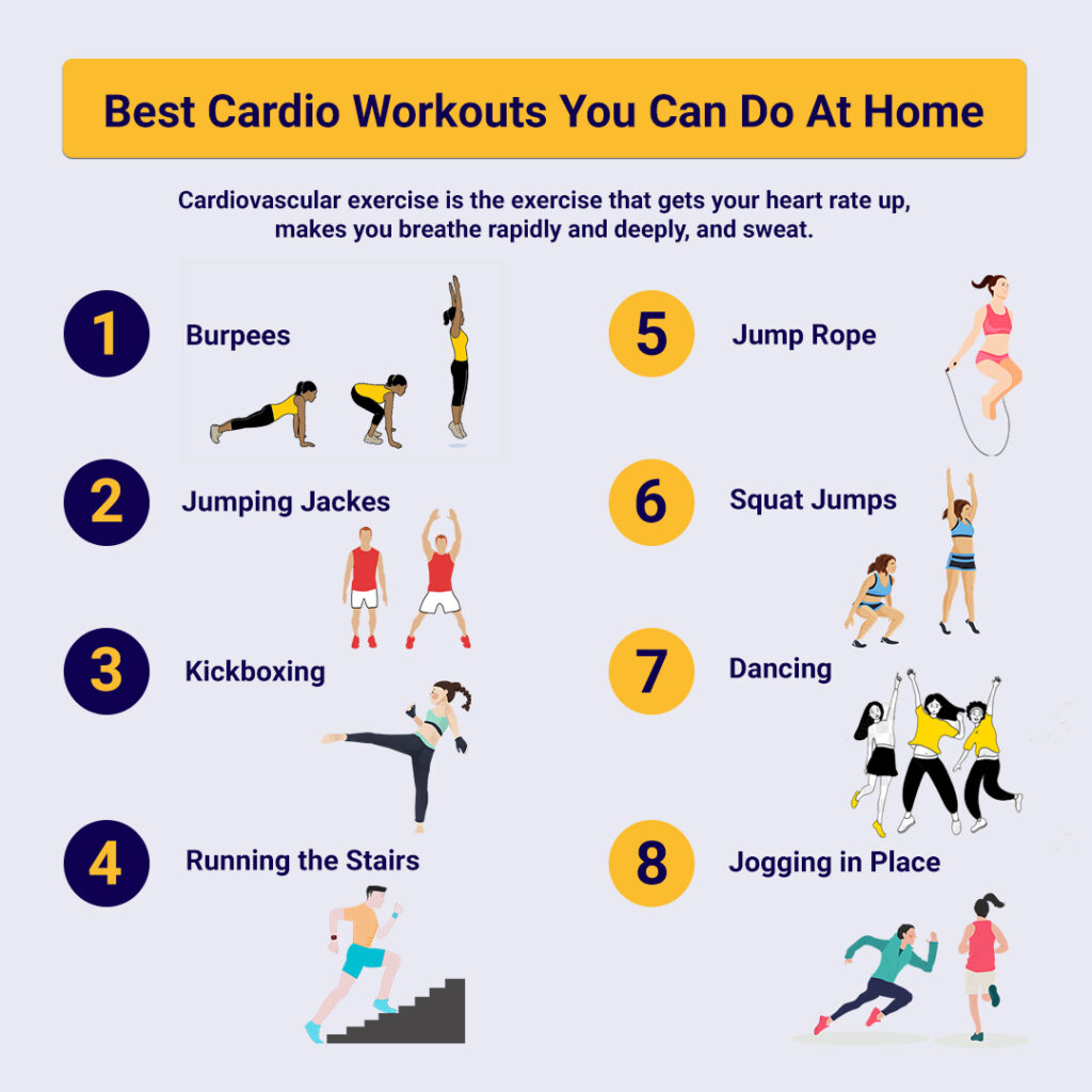 Best cardio workouts you can do at home including burpees, jumping jacks, kickboxing, running stairs, jump rope, squat jumps, dancing, and jogging in place.